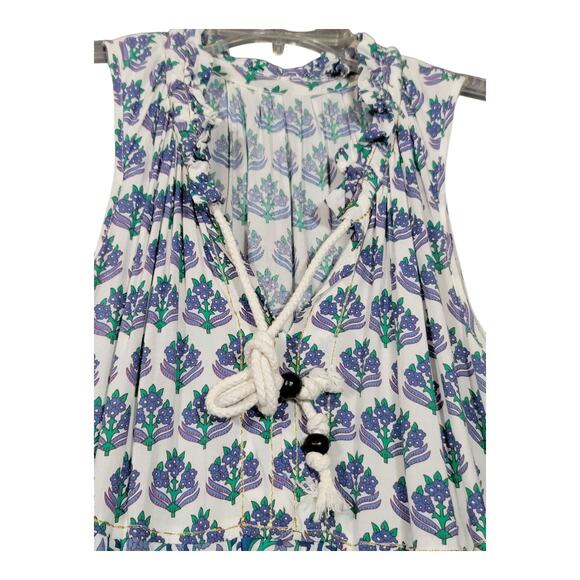 Chelsea & Theodore Split Neck Boho‎ Midi Dress Blue Floral Block Print - Picture 4 of 14